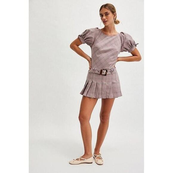 Free People Dresses & Skirts - Free People Sevi Plaid Mini Dress Puff Sleeve Grey and Pink Combo Size L NWOT